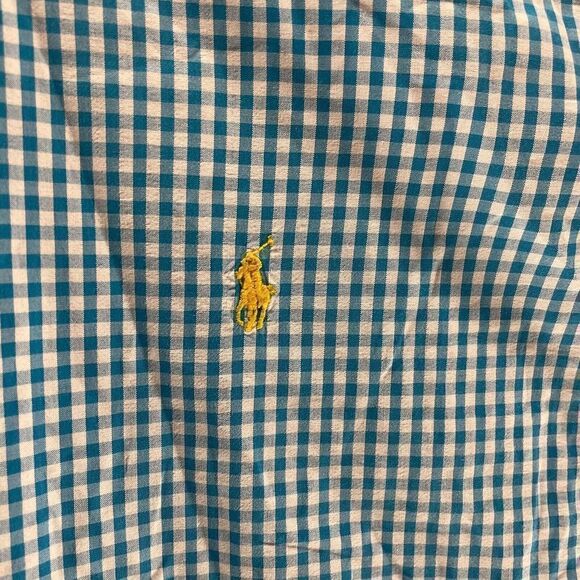 Ralph Lauren Shirt Adult 2XB Blue White Check Cotton Button Up Yellow Pony Logo - Picture 7 of 13